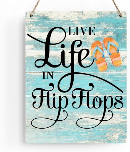 Rustic Live Life in Flip Flops Wood Hanging Sign, Farmhouse Quality Artwork Decor, Summer Wooden Plaque Sign Wall Art, Home Beach House Pool Decoration (8 x 10 Inches) (JTMP080) by BELLOWDEER