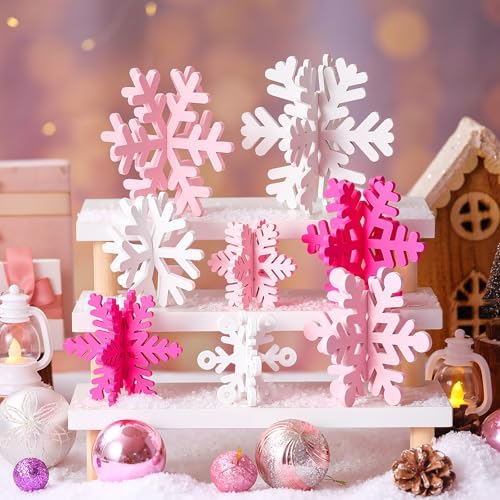 Wenqik 16 Pcs Wooden Snowflake 3D Centerpieces,White,Pink - Image 4