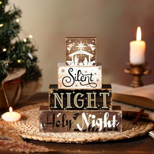 Moucuny 4 Pcs Christmas Wooden Signs Holy Night Farmhouse Table Decor - Image 5