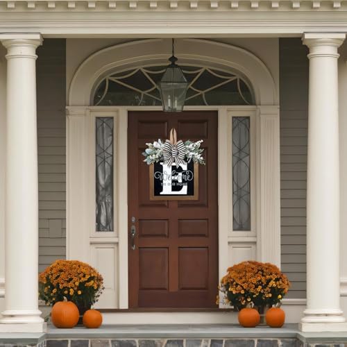 Ultra Large 14'' Last Name All Year Round Front Door Wreath with 26 Initial Letter Welcome Sign All Seasons Eucalyptus Garland and Bow Wreaths for Front Door Porch Farmhouse Decoration (E) - Image 6