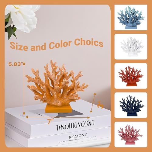 5.8" H Orange Coral Decor - Resin Coral Statue, Nautical Decor for Home, Bedroom, Bathroom, Living Room, Ocean Themed Cabinet Shelf Tabletop Decoration - Image 6