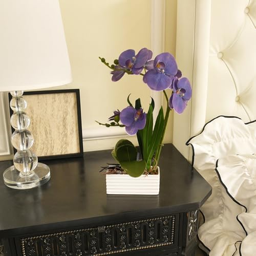 Artificial Real Touch Orchid Flowers with White Ceramic Vase, Lavender - Image 5