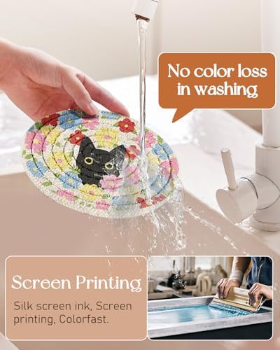 Absorbent Cup Coasters Set of 6 with Holder, Cat Flower - Image 2