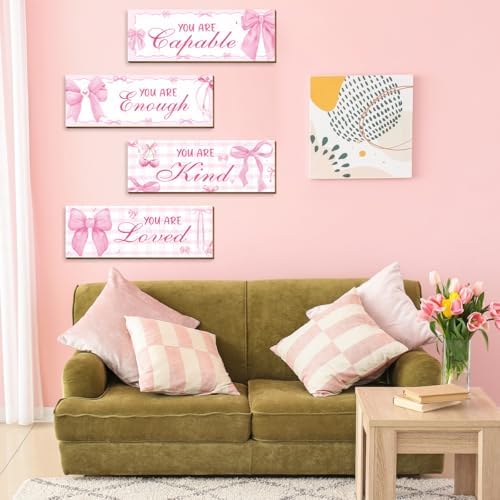4 Pcs Pink Bow Wall Decor, Pink Room Decor for Teen Girls, Inspirational Positive Affirmations Wooden Wall Art Decor, Coquete Wall Hanging Signs for Bathroom Apartment - Image 5