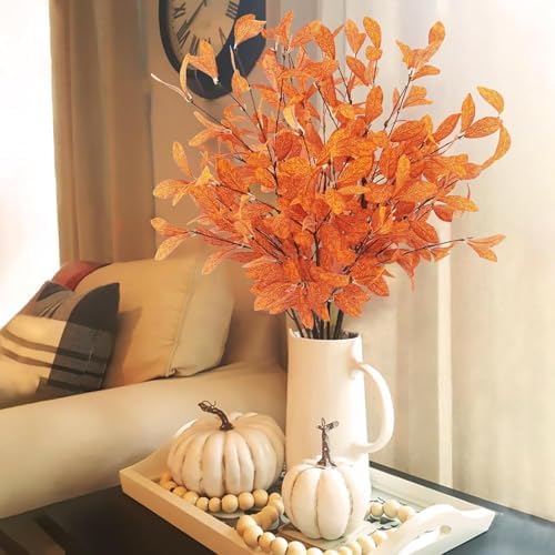 Uieke 18 Pcs Artificial Fall Eucalyptus Stems with Fall Leaves, Orange - Image 5