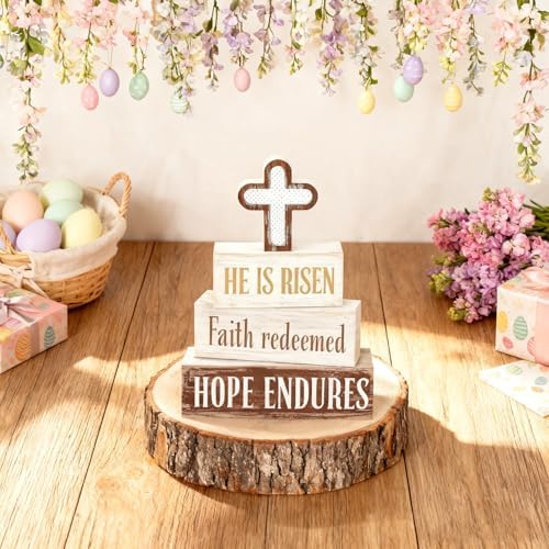 Easter Decorations - He Is Risen Cross Tiered Tray Decor - Faith Redeemed Religious Wooden Tabletop Sign - Farmhouse Easter Christian Home Decor Indoor - Spring Home Decor for Living Room, Kitchen Counter, Seasonal Farmhouse Display - Image 5