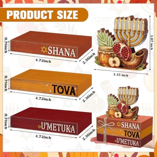 Geelin 4 Pcs Rosh Hashanah Tiered Tray Decor, Jewish New Year Party Decoration, Wooden Book Stack Signs Gifts, Shana Tova Apple and Honey Farmhouse Rustic Table Centerpiece for Shelf Coffee Bar - Image 3