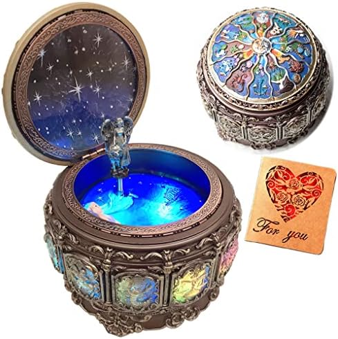 Briskfeel Vintage Music Box with Constellations Rotating Goddess LED Lights Twinkling Resin Carved Mechanism Musical Box with Sankyo 18-Note Wind Up Signs of The Zodiac Gift for Birthday (Upgraded) by Amperer