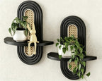 Floating Shelves for Wall, Boho Home Wall Decor,Rattan Plant Shelf Set of 2, Mid Century Small Decorative Shelf, Natural Wood Shelves for Living Room,Bedroom,House,Office (Black) by Hongsane
