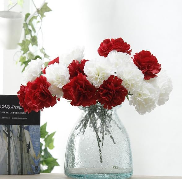 10 Stem Fake Carnation Flowers Stem,Realistic Silk Petals Red White Blue - Image 6