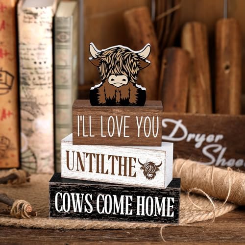 Marsui 4 Pcs Highland Cow Table Decor Rustic Cow Wooden Signs Gifts - Image 5