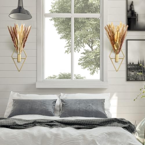 Peryiter 2 Pcs Boho Pampas Wall Art Decor Hanging Metal Wall Art, Gold - Image 6