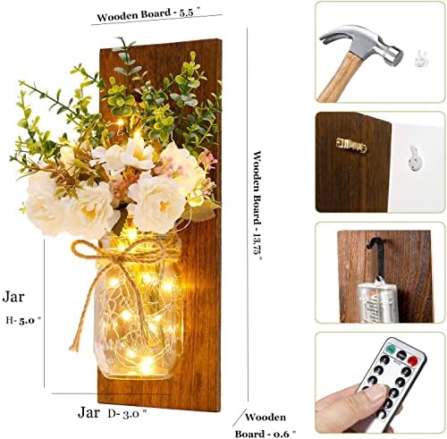 Rustic Wall Sconces Mason Jar Sconces Handmade Wall Art Hanging Design with Remote Control LED Fairy Lights and White Peony, Wall Decor Gift Farmhouse Wall Home Decor Living Room Lights Set of Two - Image 6