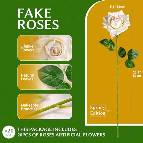 Artificial Flowers Artificial Roses Fake Roses 23.2In Long Stem Artificial Flowers for Tall Vase Silk Rose Suitable for Wedding Decor Valentine's Day DIY Bouquet Spring,Pattern White,20PCS - Image 2
