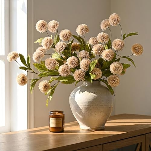 Waipfaru 12 Pcs Artificial Pompon Mums Faux Flowers for Vase, 27" Bulk Long Floral Fake Chrysanth Branches with Stems Vase Filler for DIY Bouquet Centerpieces, Indoor Home Decorations, No vase, Beige - Image 3