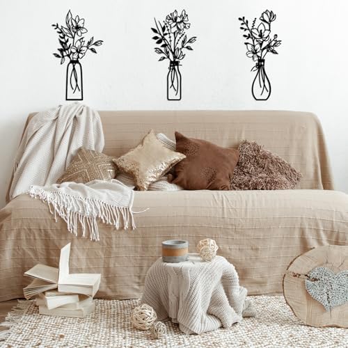 ARTINME 3 Pieces Metal Flowers Wall Arts - Rustic Farmhouse Decor Minimalist Flower Wall Decors for Living room Bathroom Kitchen Bedroom Dining Room - Housewarming Gifts (Black) - Image 3