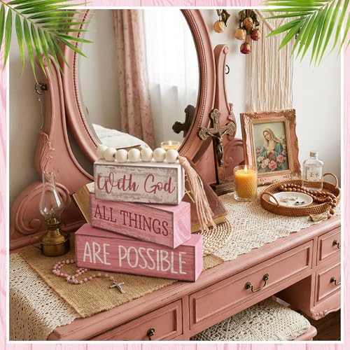 Yuntau 4 Pcs Pink Shelf Decor Wooden Blocks Farmhousetiered Tray Decor - Image 4