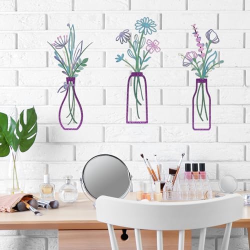Pigort 3 Pieces Metal Flowers Wall Arts - Rustic Farmhouse Decor Purple Minimalist Flower Wall Decors for Living room Bathroom Bedroom Dining Room-Housewarming Gifts(Purple, Vase-C) - Image 7