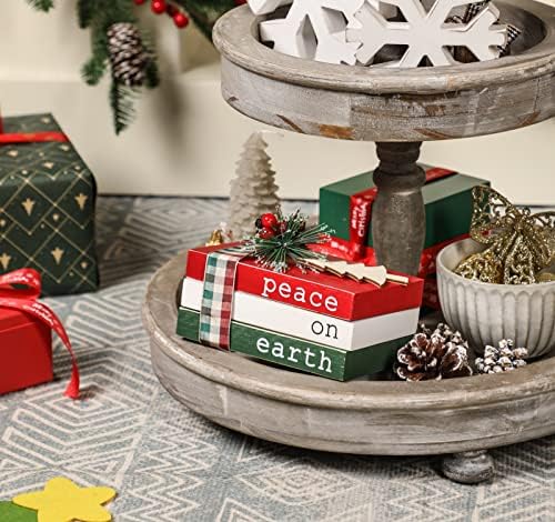 Christmas Wood Book Stack, Christmas Tiered Tray Decor, Peace on Earth Mini Faux Decorative Books with Pine Berry, Farmhouse Book Decor for Home Table Mantle Shelf - Image 7