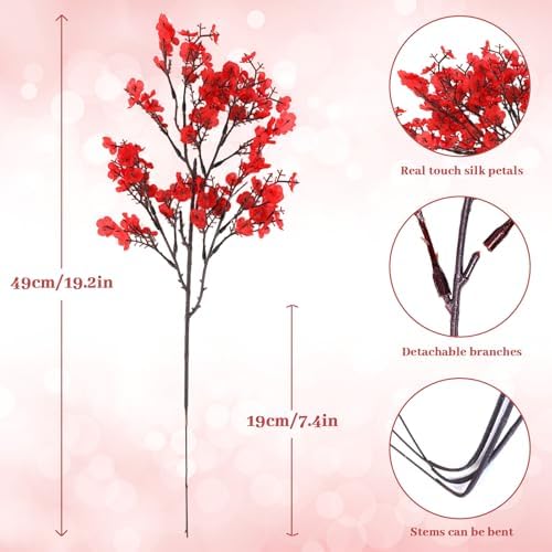 Uieke 6 Pcs Valentine’s Day Artificial Baby’s Breath Flowers, Red Pink Faux Gypsophila Bouquets Real Touch Silk Fake Flowers for Romantic Wedding, Anniversary, Party, Home Table Centerpiece Décor - Image 2