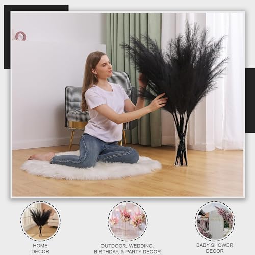 7 Pcs 45" Faux Pampas Grass – Fluffy Artificial Pompous Grass for Tall Floor Vase, Non-Shedding Home Decor, Boho Wedding Flowers, Baby Shower Centerpieces, Bedroom & Living Room Decor (Black) - Image 3