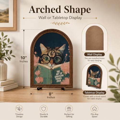 Funny Cat Decor Arched Wood Frame Tabletop Sign, Vintage Reading Cat Art Decor with Stand, Rustic Shelf Desk Mantel Accent for Bathroom Office Home - Image 6