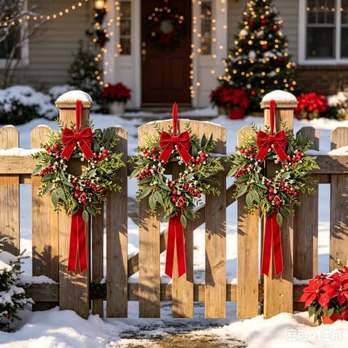 6 Pcs Mini Christmas Wreaths for Cabinets 9" Christmas Kitchen Cabinet with Burgundy Red Berry Eucalyptus Leaves Bow for Indoor Outdoor Farmhouse Home Wall Window Festival Wedding Decor - Image 4