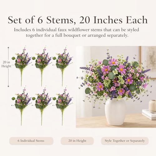 20" Artificial Flowers Bouquet for Vase Indoor, 6 stem Faux Silk Daisies Lavender Silver Dollar Eucalyptus Leaves Wildflower Floral Arrangement Home Decor for Living Room Dining Table Entryway - Image 4