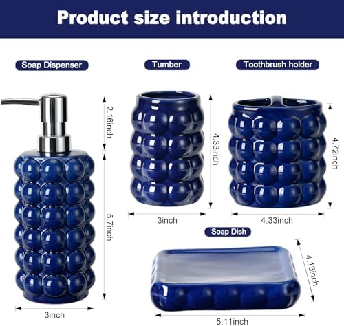 4 Piece Ceramic Bathroom Accessories Set –Soap Dispenser,Toothbrush Holder,Tumbler & Soap Dish,Includes Silicone Funnel,Non-Slip,Modern Farmhouse Countertop Organizer Set for Bathroom Decor, Navy Blue - Image 3