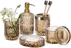 EMPO 6PCS Bathroom Clear Glass Accessories Set (Lotion Soap Dispenser, Soap Dish, Toothbrush Holder, Tumbler, Cotton Swab Jar), Contemporary Modern Decor Crystal Vintage Gift (6pcs Brown) by EMPO
