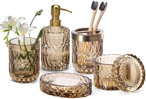 EMPO 6PCS Bathroom Clear Glass Accessories Set (Lotion Soap Dispenser, Soap Dish, Toothbrush Holder, Tumbler, Cotton Swab Jar), Contemporary Modern Decor Crystal Vintage Gift (6pcs Brown) by EMPO