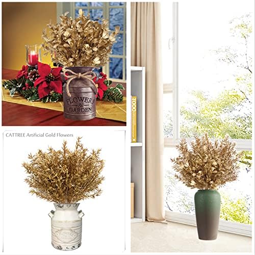 Gold Decorations Artificial Plants, CATTREE Golden Berry Leaves Fake Simulation Spiky Leaf Grass Plastic Faux Shrubs Bushes Ornaments Home Indoor Outdoor Wedding Decor Hall Table Planter Filler 4 Pack - Image 6