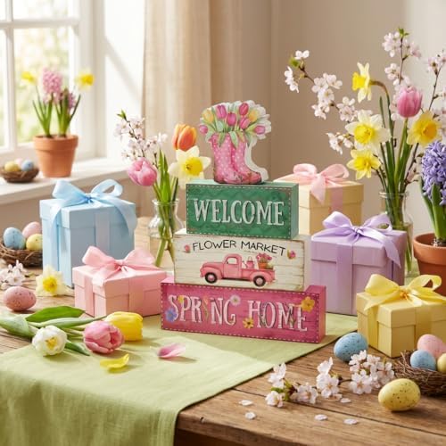4Pcs Fall Decorations, Wooden Table Decor for Thanksgiving (Spring) - Image 4
