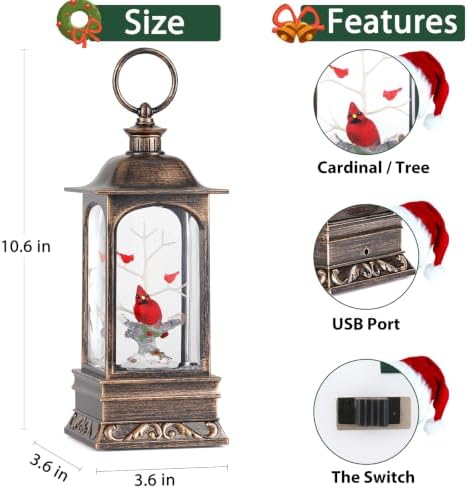 10.6 Inch Musical Cardinal Snow Globe Lantern, Lighted Christmas Snow Globe with Swirling Glitter Sequins, USB & Battery‑Operated, Festive Home Christmas Decoration for Tabletop Mantel Decor - Image 4