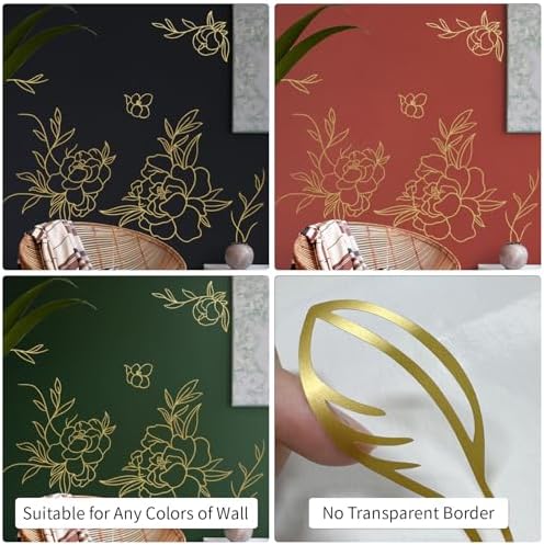 Gold Metallic Wall Decals Peel and Stick Floral Wall Stickers Large Sketch Minimal Line Transfer for Women Living Room Bedroom Decor, Peony - Image 5