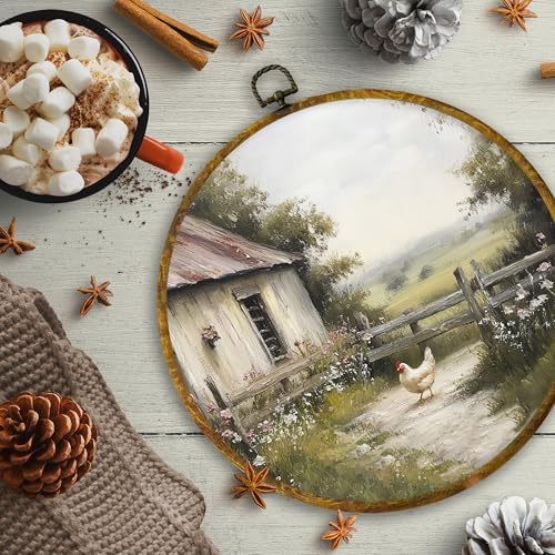 CUANFDDSF Vintage Countryside Farmhouse Chickens Round Wall Art, Rustic Cottagecore Kitchen Framed Hanging Wall Decor, Country Animal Scene Canvas Prints Decorations for Farm House Room, 10x10 Inch - Image 6