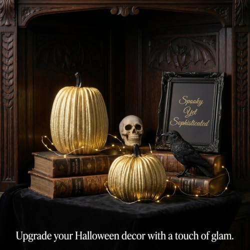 Gold Halloween Pumpkin Decor, Small Resin Pumpkins Set of 2 - Image 6