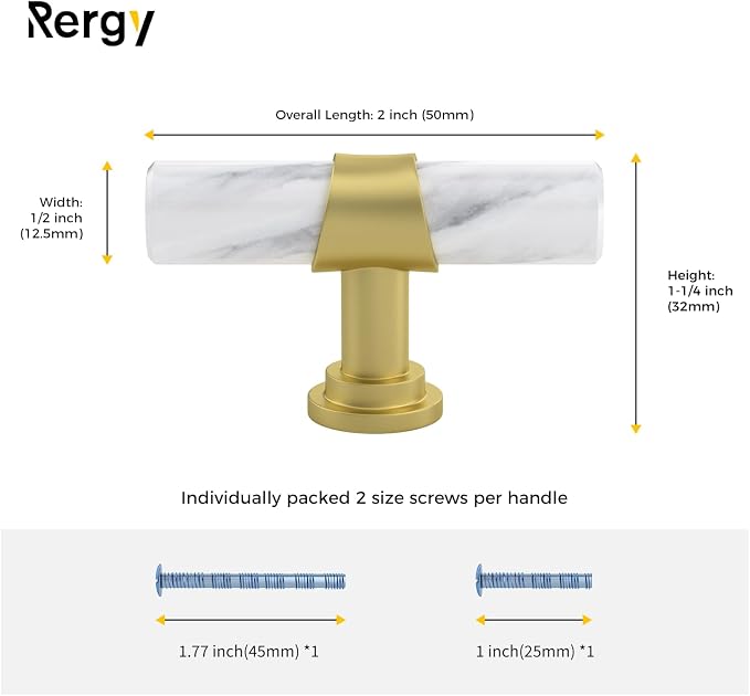 Rergy Cabinet Handles Marble Drawer Pulls and Knobs, T-Bar Hardware - Image 2