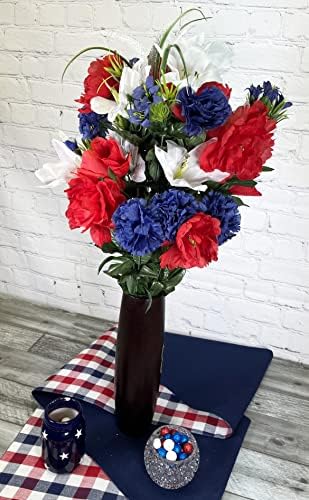Admired by Nature 40 Stem Artificial Flowers Roses Lily Peony Mixed Bush Spring Faux Flower Arrangement for Outdoor & Indoor Wedding Home Decor, Cemetery Decorations for Grave, Red White Blue - Image 6