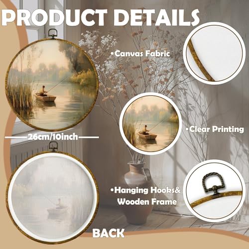 CUANFDDSF Vintage Fishing Round Wall Art, Fisherman In Rowboat Sunset Landscape Framed Hanging Wall Decor, Countryside Cottagecore Canvas Prints Decorations for Lake House Room, 10x10 Inch - Image 7