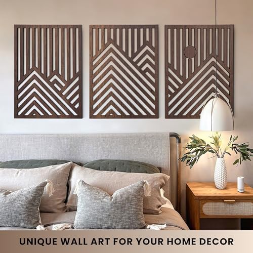 qmmp Modern Wooden Wall Sculptures - Set of 3 - Home Decor Accent - Large Wall Art for Living Room, Bedroom, Office - Easy Installation (Walnut, Large - Mountain and Sun, Unframed) - Image 2