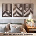 qmmp Modern Wooden Wall Sculptures - Set of 3 - Home Decor Accent - Large Wall Art for Living Room, Bedroom, Office - Easy Installation (Walnut, Large - Mountain and Sun, Unframed) - Image 2