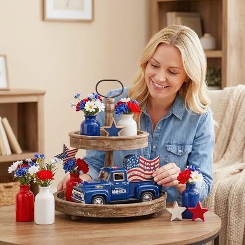 4th of July Decorations, 5.7 Inch Patriotic Blue Metal Truck Decor with God Bless America Sign, Farmhouse Tabletop Centerpiece for Memorial Day and USA 250th Anniversary - Image 6