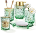 5 Piece Glass Bathroom Accessories Set, Green & Gold Vanity Countertop Set by KINUUIS