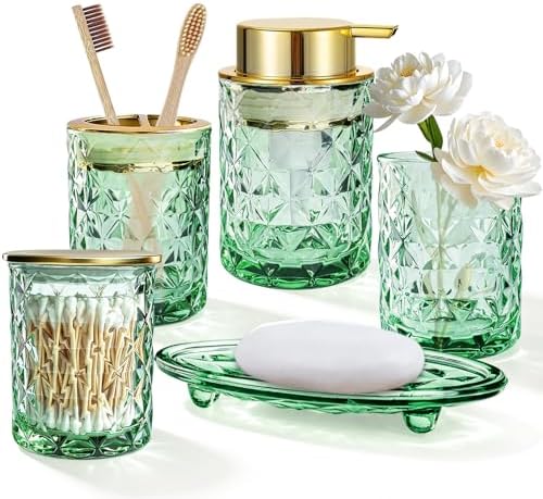 5 Piece Glass Bathroom Accessories Set, Green & Gold Vanity Countertop Set by KINUUIS