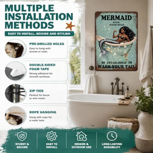 Funny Mermaid Company Bath Soap Metal Signs Wash Your Tail Sign Vintage Tin Sign Wall Decor Retro Tin Signs for Room Living Room Bathroom Toilet Hotel 12x16 Inch - Image 4