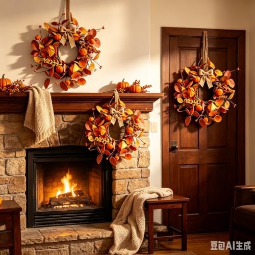 6 Pcs Small Fall Hanging Wreaths with Artificial Autumn Eucalyptus Leaves Mini Pumpkins Berry Clusters Burlap Ribbon Mini Cabinet Wreath for Home Kitchen Farmhouse Thanksgiving Harvest Party Decor - Image 2