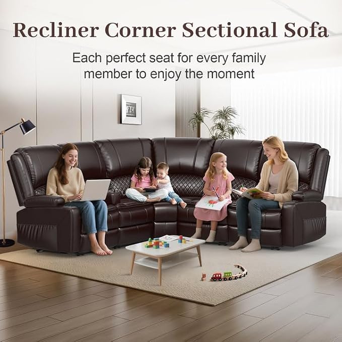 Yolsali Home Theater Seating Reclining Sectional Sofa, 5 Seats Soft Leather - Image 3