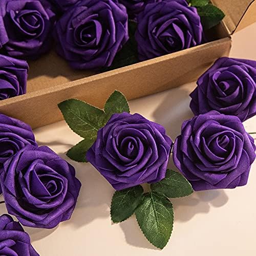 Hot Pink Foam Rose 50pcs Real Looking Fake Purple Rose with Stems Leaves for Home Decoration Party Garden Centerpieces DIY Wedding Bouquets（Hot Pink&Purple） - Image 7
