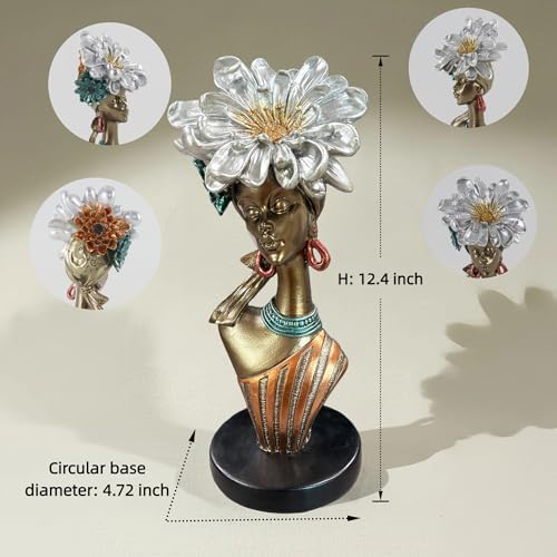 Lescafita African Woman Art Sculpture with Silver Floral Crown, Metallic Art Statue,Elegant African-Inspired Art Gift Suitable for Various Settings Such as Home, Bookshelves, desks, or Offices - Image 3